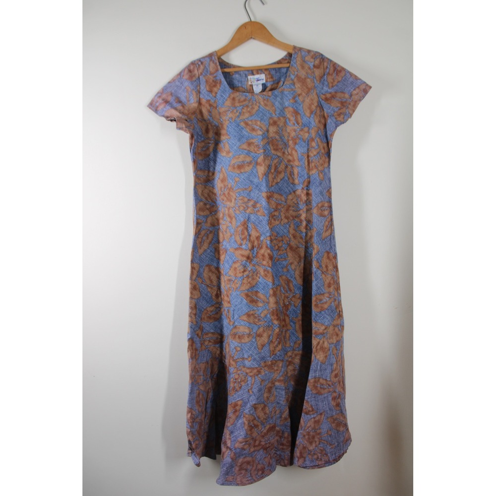Vtg Reyn Spooner S Blue Brown Floral Maxi Dress Short Sleeve Tropical Hawaiian